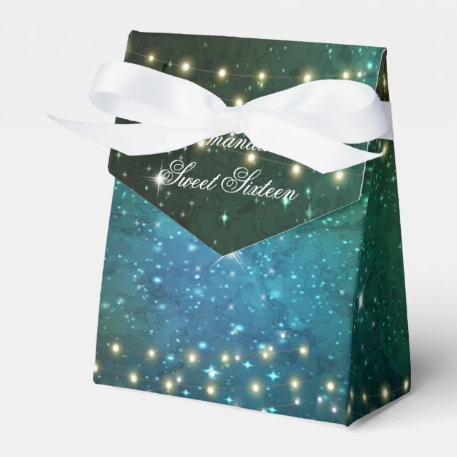 Sweet Sixteen Under the Stars Lights Blue Green Favour Box (Front Side)