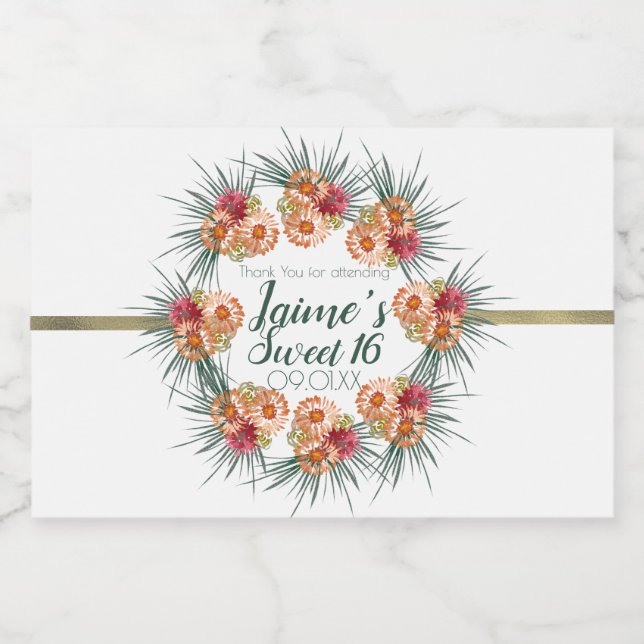 Sweet Sixteen Watercolor Floral Peach Green    Food Label (Single Label)