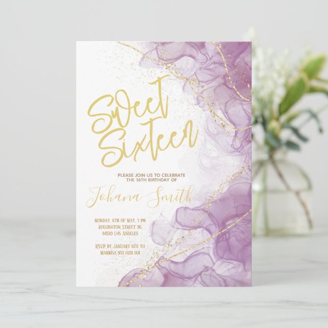 Sweet Sixteen Watercolor Purple Gold Birthday Invitation (Standing Front)