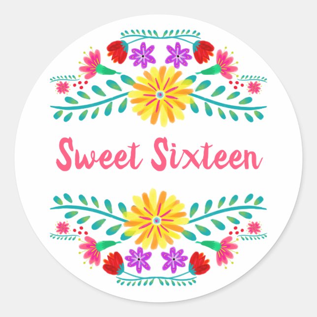 Sweet Sixteen White and Pink Mexican Fiesta Floral Classic Round Sticker (Front)
