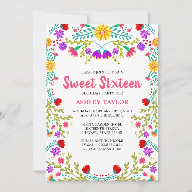 Sweet Sixteen White Mexican Fiesta Folk Art Floral Invitation (Front)