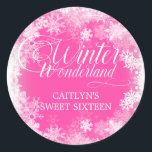 Sweet Sixteen Winter Wonderland Snowflake Favour Classic Round Sticker<br><div class="desc">Elegant winter wonderland Sweet Sixteen invitation features beautiful calligraphy surrounded by a lush snowflake and snow border. The snowflakes pop against the pretty pink background. You can actually change the background colour to any colour. Winter Wonderland can't be changed, but all of the remaining text can be edited. This item...</div>