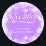 Sweet Sixteen Winter Wonderland Snowflake Favour Classic Round Sticker<br><div class="desc">Elegant winter wonderland Sweet 16 birthday invitation features beautiful calligraphy surrounded by a lush snowflake and snow border. The snowflakes pop against the pretty soft purple background. You can actually change the background colour to any colour. Winter Wonderland can't be changed, but all of the remaining text can be edited....</div>