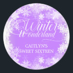 Sweet Sixteen Winter Wonderland Snowflake Favour Classic Round Sticker<br><div class="desc">Elegant winter wonderland Sweet 16 birthday invitation features beautiful calligraphy surrounded by a lush snowflake and snow border. The snowflakes pop against the pretty soft purple background. You can actually change the background colour to any colour. Winter Wonderland can't be changed, but all of the remaining text can be edited....</div>