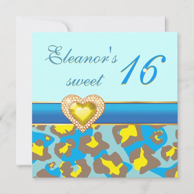 Sweet sixteen yellow blue leopard jewel heart invitation (Front)