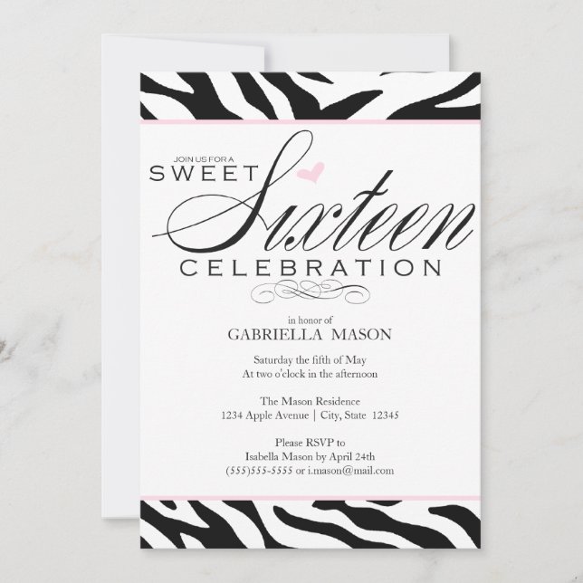 Sweet Sixteen Zebra Print Invitation (Front)