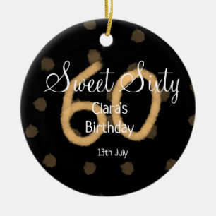 Sweet Sixty add name date birthday yellow polka do Ceramic Tree Decoration