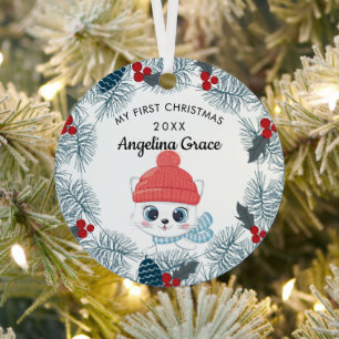 Sweet Skating Cat Baby's 1st Christmas Metal Tree Decoration