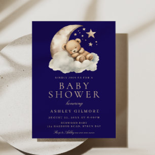Sweet Sleeping Bear Midnight Blue Baby Shower Invitation