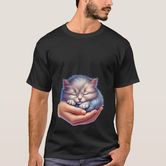 Sweet Sleeping Grey Kitten in Hand Tiny Cat ✨🐾💤 T-Shirt (Front)