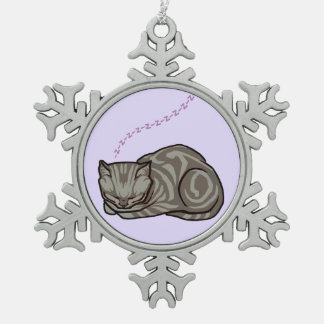 Sweet Sleeping Grey Tabby Cat on lavender Snowflake Pewter Christmas Ornament
