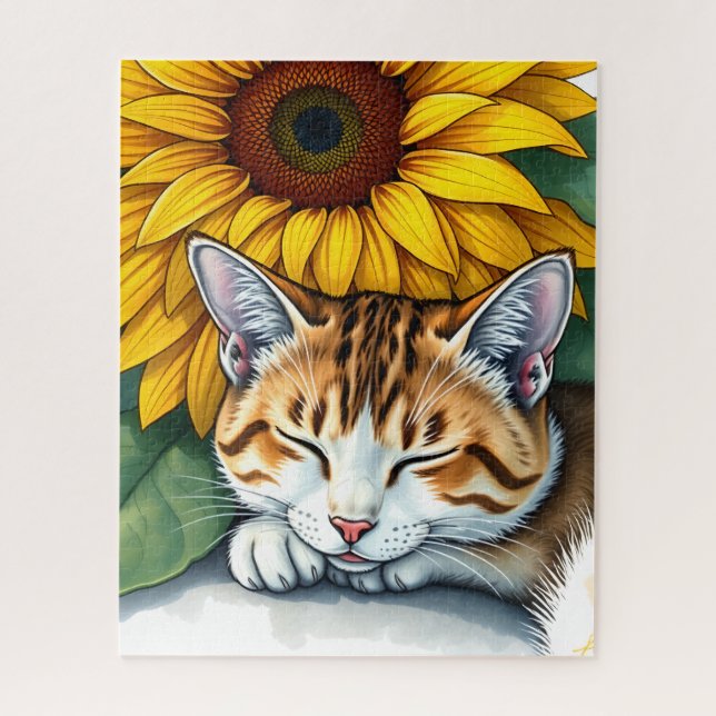 Sweet Sleepy Kitty Cat and Sunflowers  Jigsaw Puzzle (Vertical)