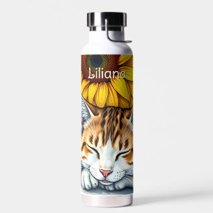Sweet Sleepy Kitty Cat and Sunflowers Personalised Water Bottle
