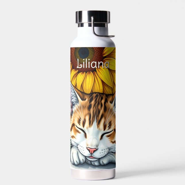 Sweet Sleepy Kitty Cat and Sunflowers Personalised Water Bottle (Left)