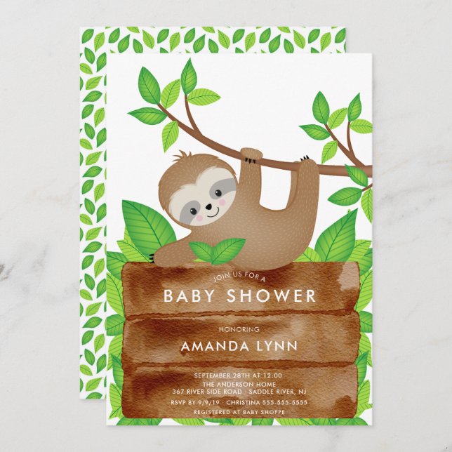 Sweet Sloth Baby Shower Invitation (Front/Back)
