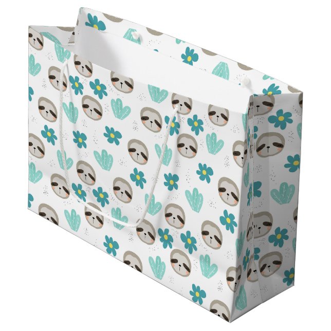 Sweet Sloth Floral Pattern Large Gift Bag (Front Angled)