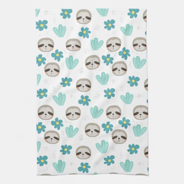 Sweet Sloth Floral Pattern Tea Towel (Vertical)