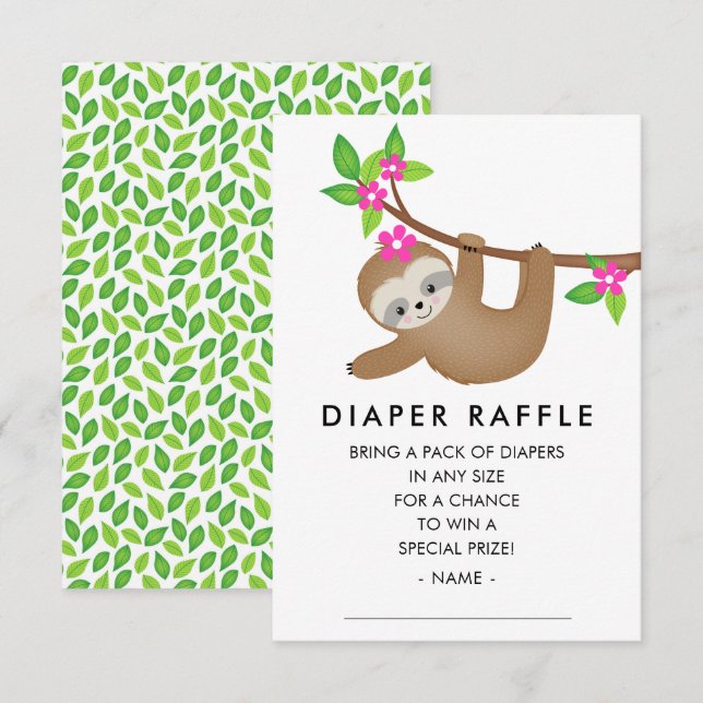 Sweet Sloth Girls Baby Shower Diaper Raffle Enclosure Card (Front/Back)