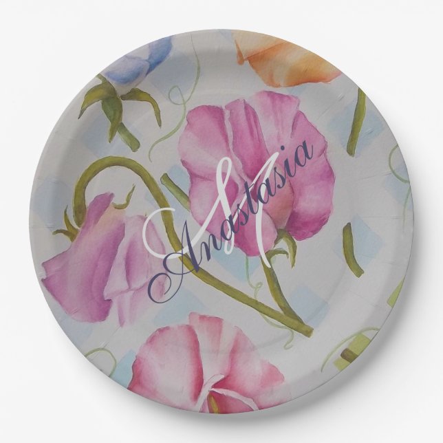 SWEET SMELLING SWEET PEAS MONOGRAM PARTY PAPER PLATE (Front)