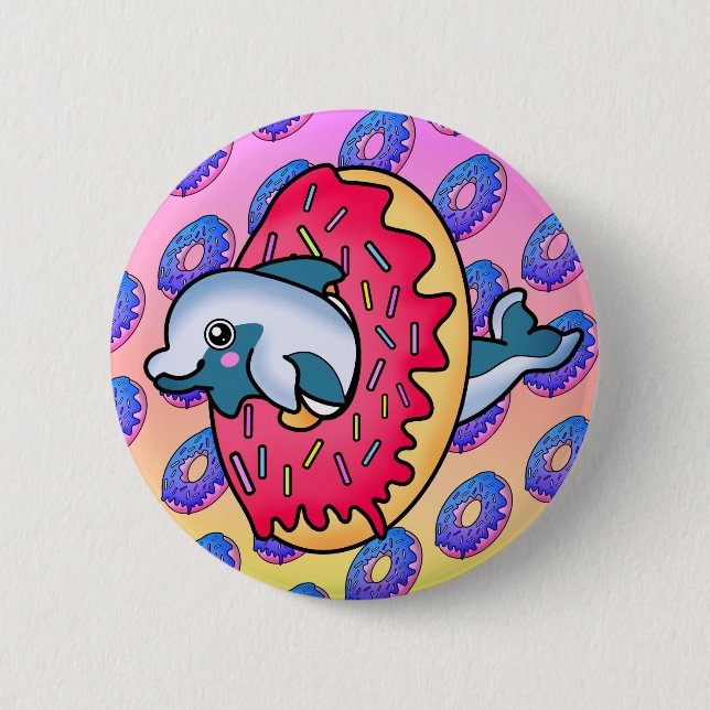 Sweet Smiling Dolphin in Cute Pink Doughnut 6 Cm Round Badge (Front)