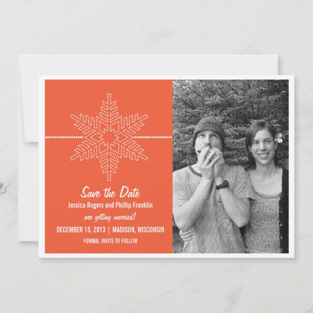 Sweet Snowflake Save the Date Invite, Orange Invitation (Front)