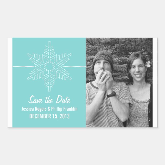 Sweet Snowflake Save the Date Stickers, Aqua Rectangular Sticker (Front)