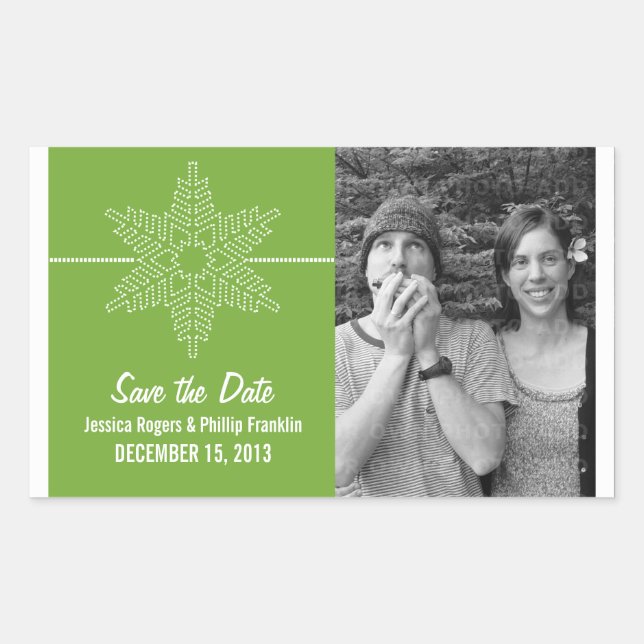 Sweet Snowflake Save the Date Stickers, Green Rectangular Sticker (Front)