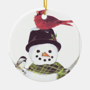 Sweet snowman and cardinal ornament. ceramic tree decoration