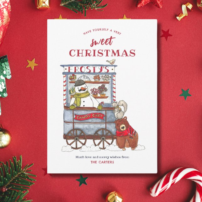 Sweet Snowman Candy Cart Watercolor Christmas Card (Creator Uploaded)