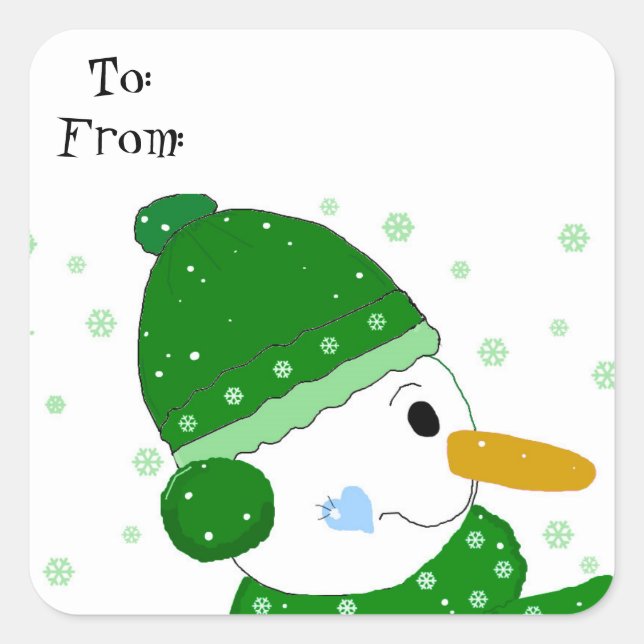 Sweet Snowman in a Green Hat and Scarf Square Sticker (Front)