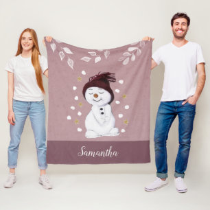 Sweet Snowman Pink Christmas Add Name Fleece Blanket