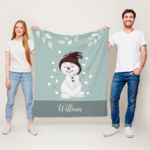 Sweet Snowman Winter Blue Christmas Add Name Fleece Blanket