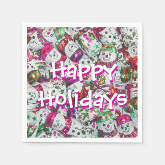 Sweet Snowmen Pink Happy Holidays paper napkin