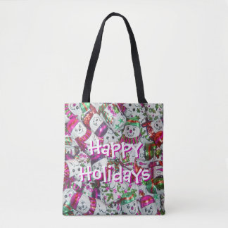Sweet Snowmen Pink Happy Holidays pink back Tote Bag