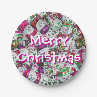 Sweet Snowmen Pink Merry Christmas paper plates