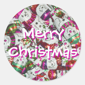 Sweet Snowmen Pink Merry Christmas sticker round