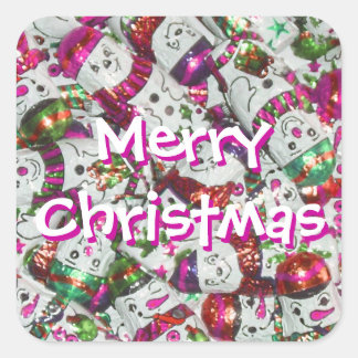 Sweet Snowmen Pink Merry Christmas sticker square