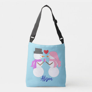Sweet Snowpeople in Love: Light Blue Crossbody Bag