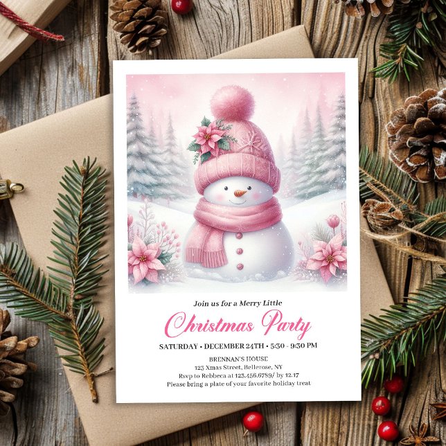 Sweet Snowy Forest Pink Snowman Editable Christmas Invitation (Sweet Snowy Forest Pink Snowman Editable Christmas Invite)