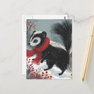 Sweet Snunk in Winter Red Berries and Snow Postcard