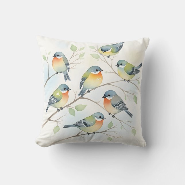 Sweet Songbirds on Branches Watercolor Floral Cushion (Front)