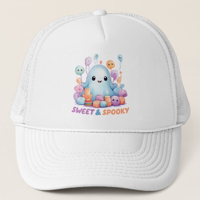 Sweet & Spooky – Cute Pastel Blue Ghoul Trucker Hat (Front)
