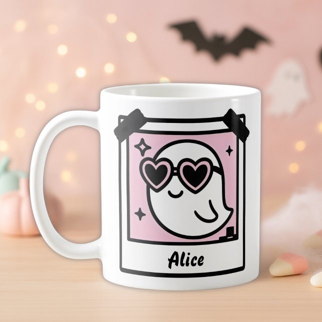 Sweet & Spooky Ghost Pastel Goth Pink Polaroid Coffee Mug (Sweet & Spooky Ghost Mug Pastel Goth Pink & Black ’90s Polaroid)