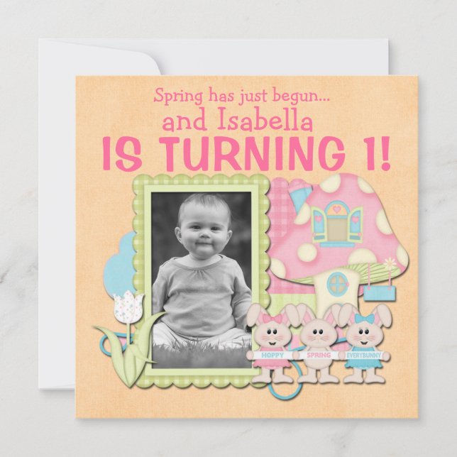 Sweet Spring Bunnies First Birthday Invitation (Front)