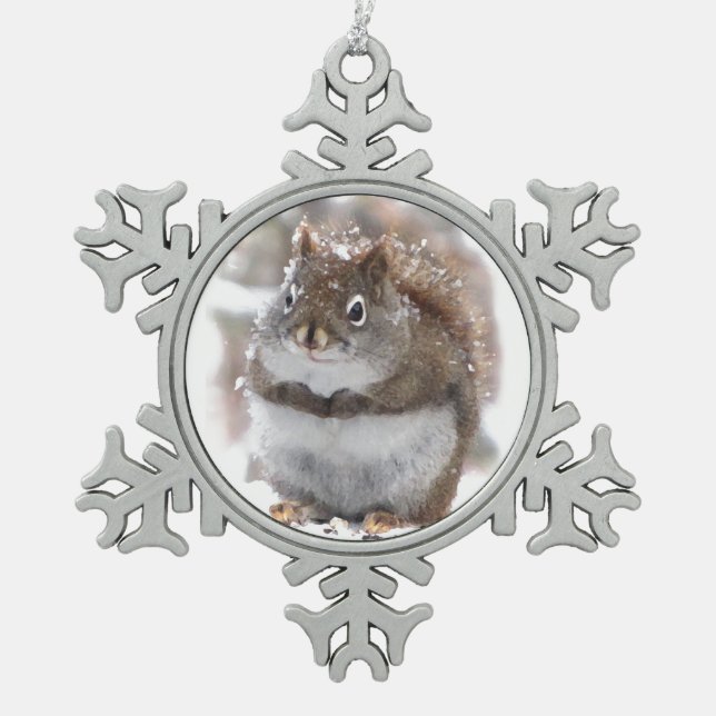 Sweet Squirrel Snowflake Pewter Christmas Ornament (Front)