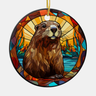 Sweet Stained Glass Beaver Ceramic Tree Decoration