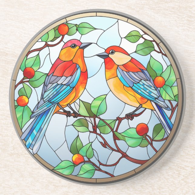 Sweet Stained Glass Bluebirds Coaster (Front)