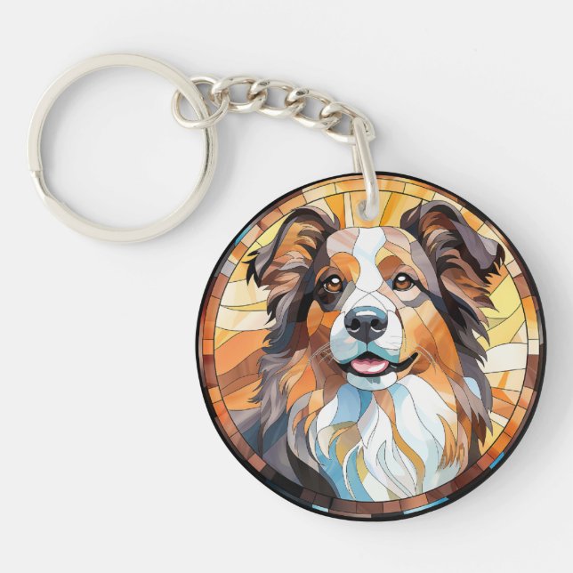Sweet Stained Glass Border Collie Dog Key Ring (Front)
