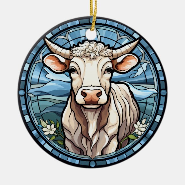 Sweet Stained Glass Cattle Cow Ceramic Tree Decoration (Front)