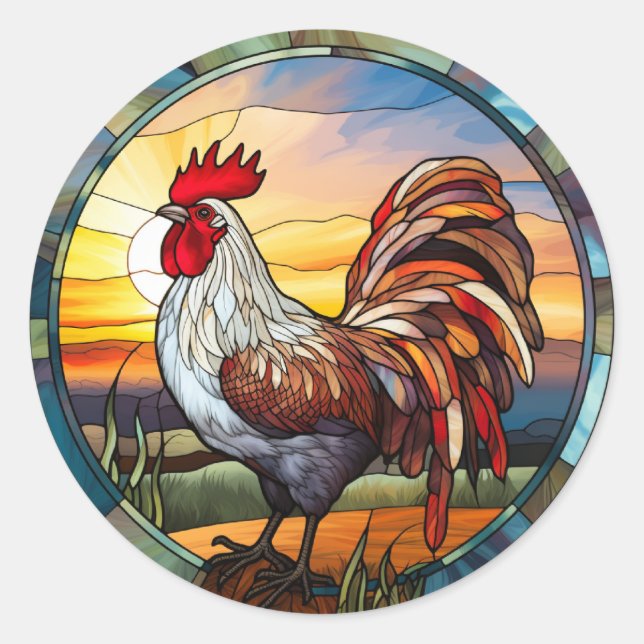 Sweet Stained Glass Chickens Rooster and Sunrise Classic Round Sticker (Front)